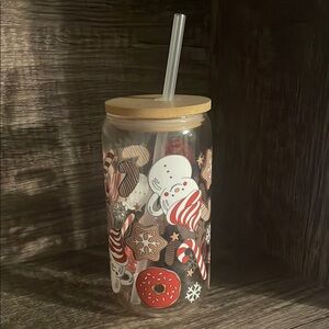 Festive Glass Tumbler with Straw - Brown and Red
